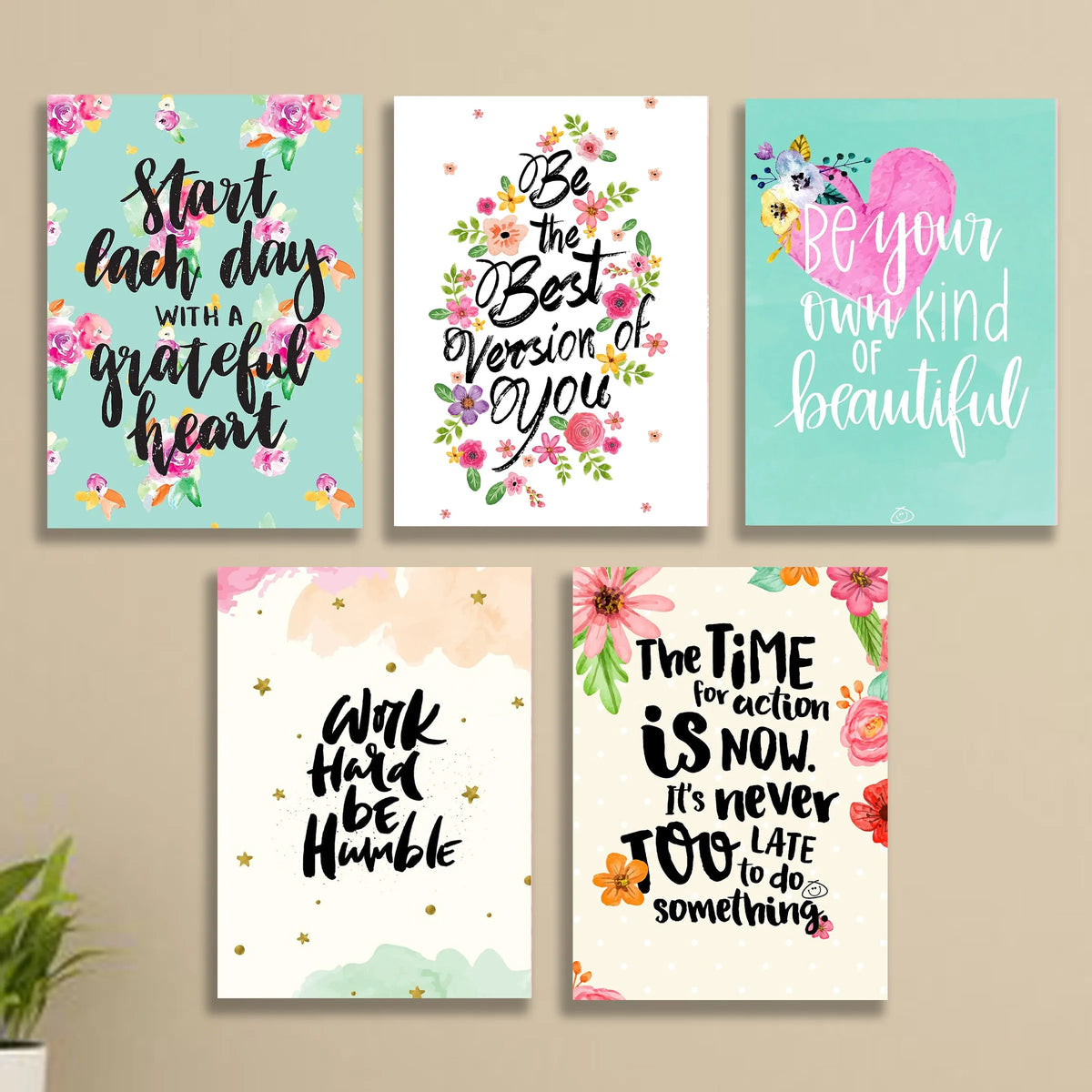 Bloom & Rise – 5-Piece Floral Motivational Wall Art Set