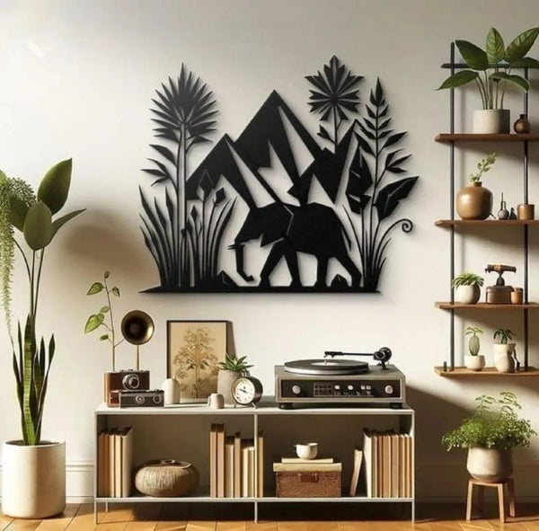 Forest Wall Art – Wooden Mountain &amp; Elephant Decor