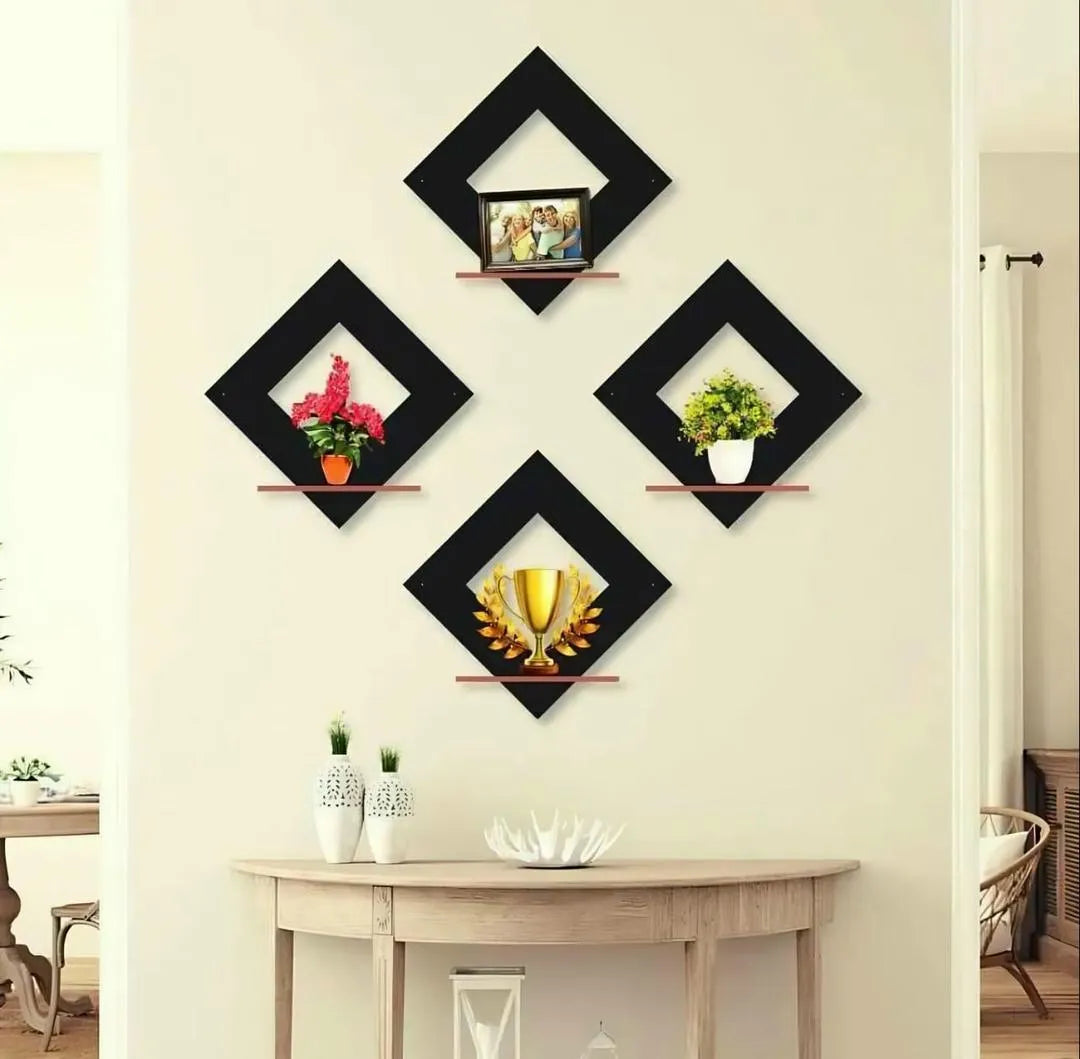 Stylish Black Wooden Wall Shelves – Set of 4